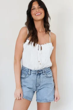 Davie Denim Shorts - High Waisted Straight Leg Shorts in Light Denim><noscript><img width=