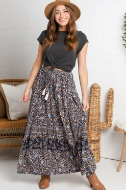 Delany Maxi Skirt - High Waisted Skirt with Tassel Waist Tie and Front Splits in Floral Print>Salty Crush Clearance