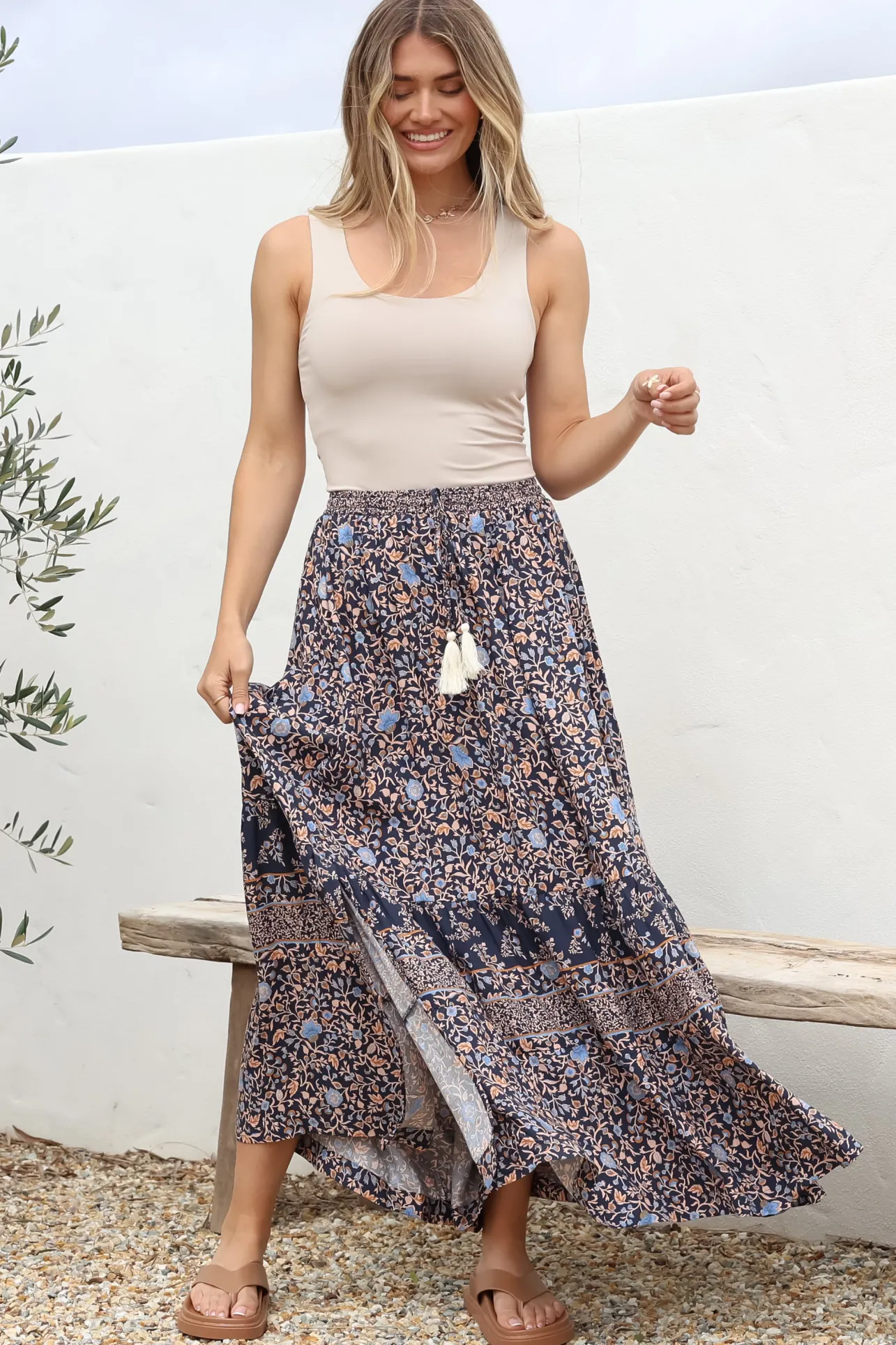 Delany Maxi Skirt - High Waisted Skirt with Tassel Waist Tie and Front Splits in Floral Print>Salty Crush Clearance