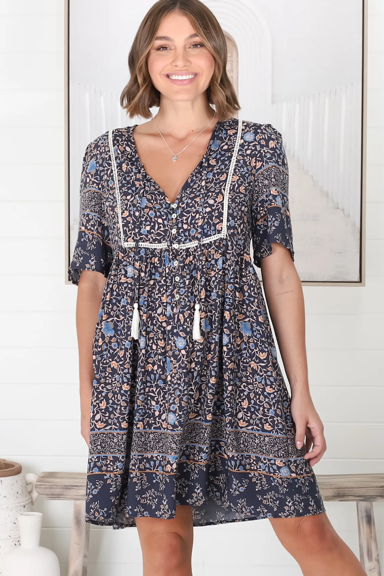 Delany Mini Dress - Short Sleeve Baby Doll Dress in Floral Print>Salty Crush Hot