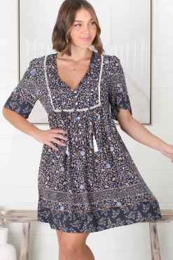 Delany Mini Dress - Short Sleeve Baby Doll Dress in Floral Print><noscript><img width=