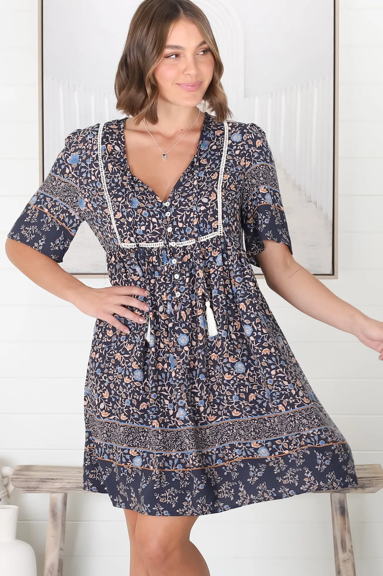 Delany Mini Dress - Short Sleeve Baby Doll Dress in Floral Print>Salty Crush Hot