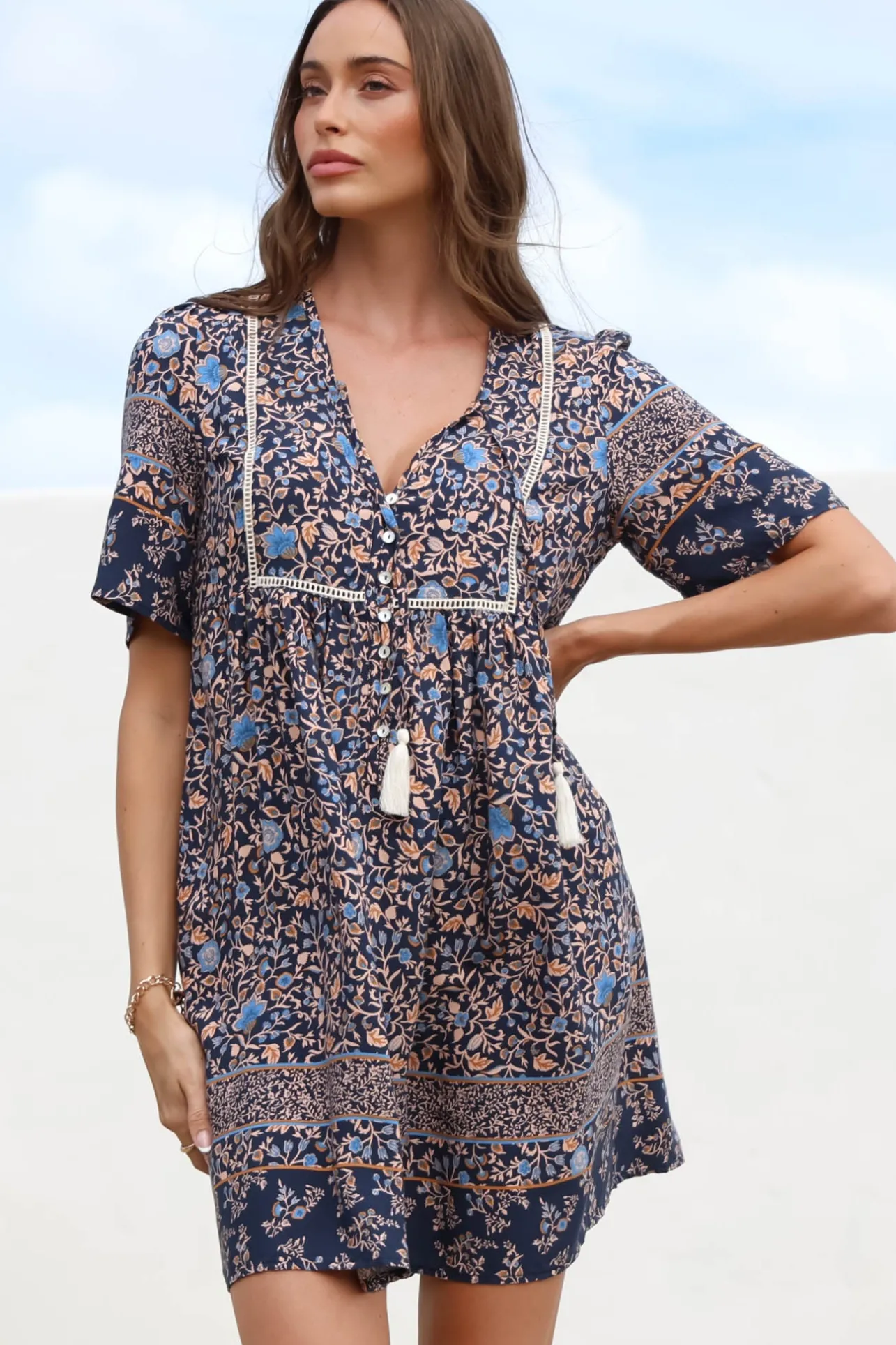 Delany Mini Dress - Short Sleeve Baby Doll Dress in Floral Print>Salty Crush Hot