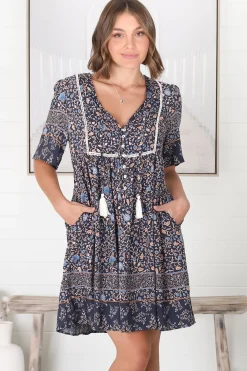 Delany Mini Dress - Short Sleeve Baby Doll Dress in Floral Print><noscript><img width=