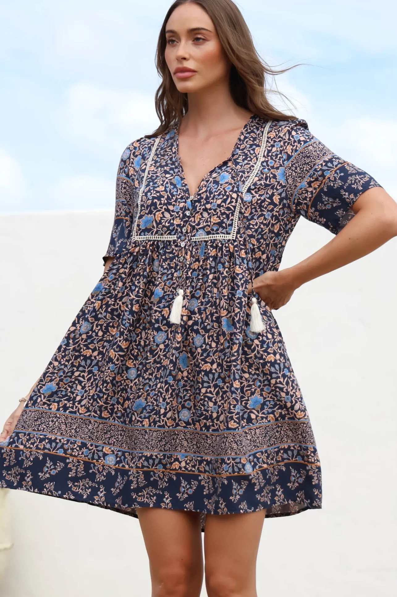Delany Mini Dress - Short Sleeve Baby Doll Dress in Floral Print>Salty Crush Hot