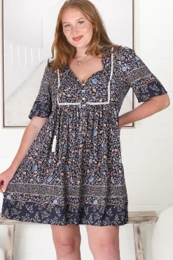 Delany Mini Dress - Short Sleeve Baby Doll Dress in Floral Print><noscript><img width=