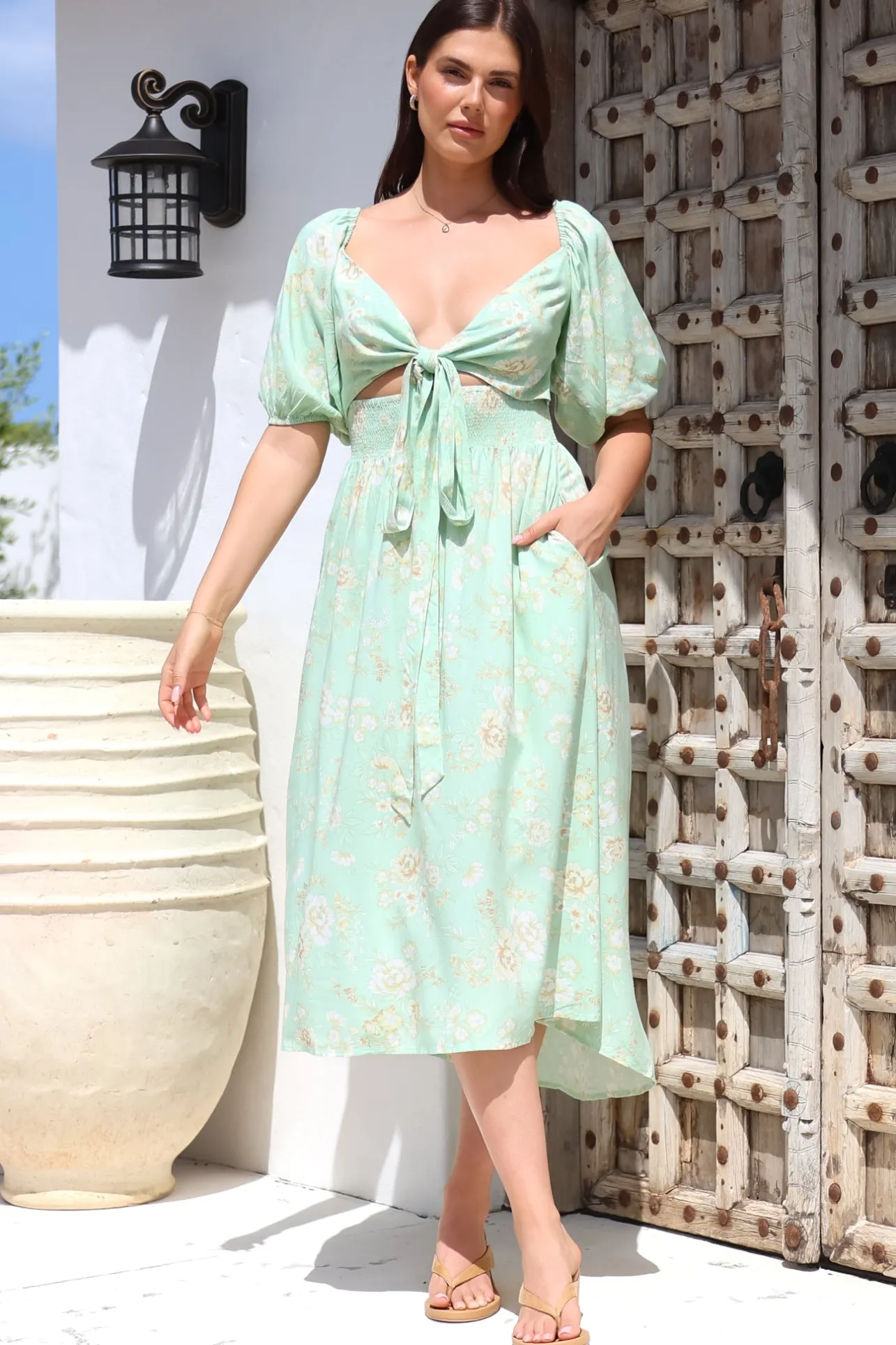 Devlin Midi Dress - Tie Up A-Line Dress with Elasticated Bodice in Gretal Print>Salty Crush Discount