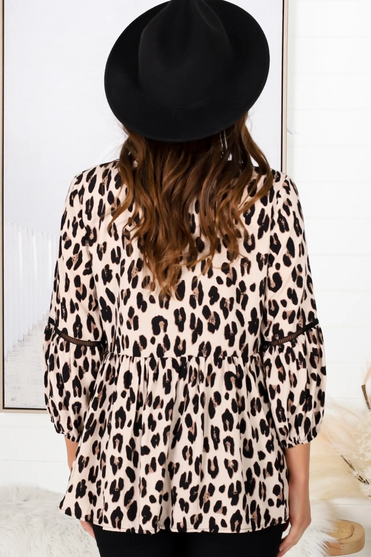 Dido Top - 3/4 Sleeve Smock Top with Lattice Inserts in Leopard>Salty Crush Clearance