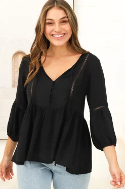Dido Top - 3/4 Sleeve Smock Top with Lattice Inserts in Black>Salty Crush
