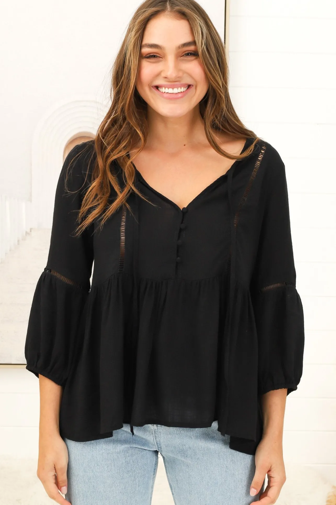 Dido Top - 3/4 Sleeve Smock Top with Lattice Inserts in Black>Salty Crush