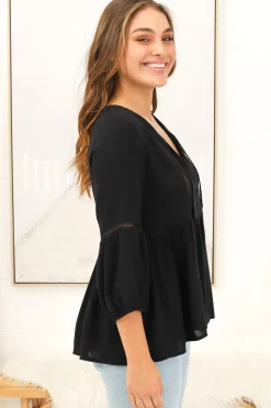 Dido Top - 3/4 Sleeve Smock Top with Lattice Inserts in Black><noscript><img width=