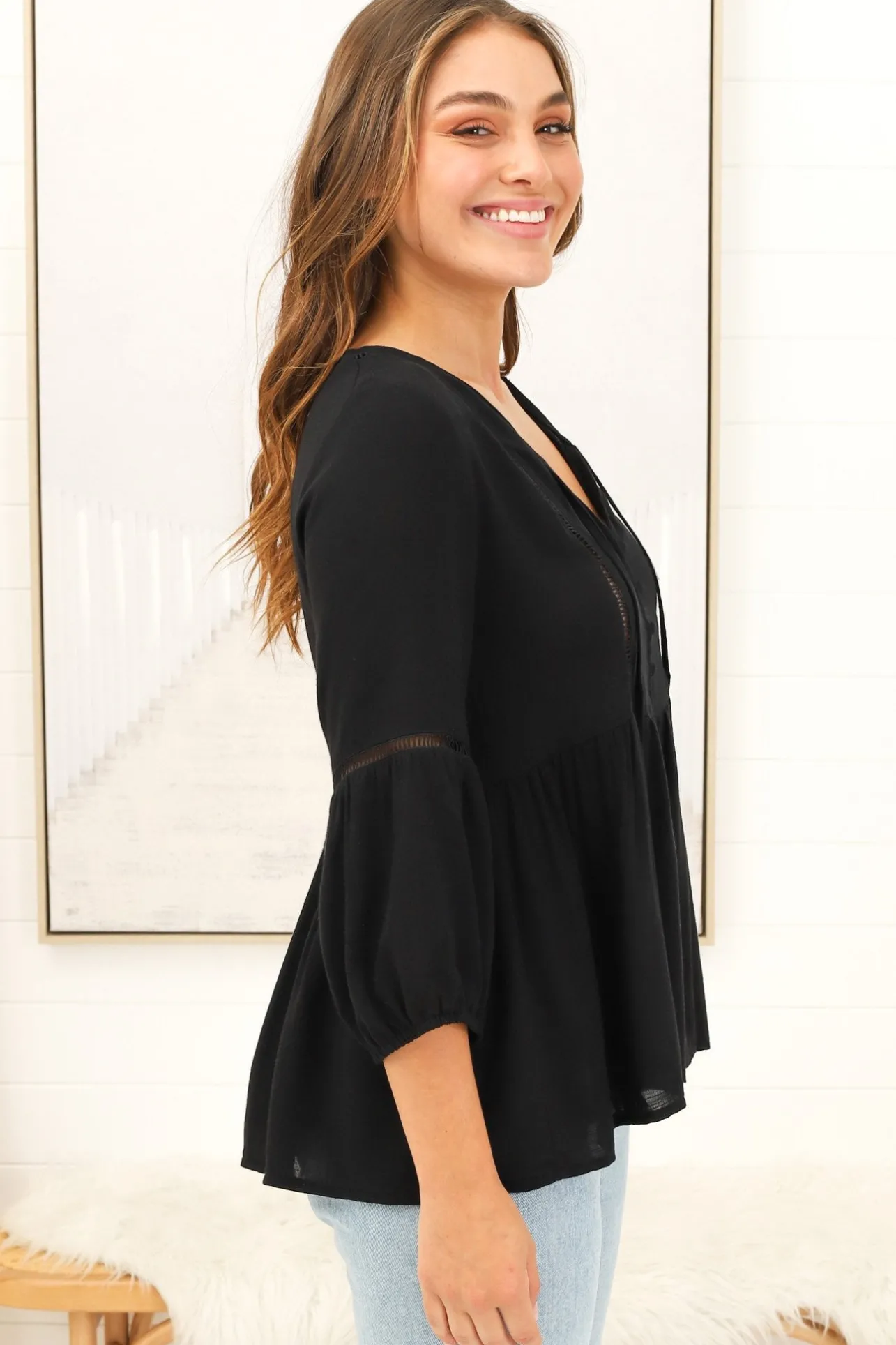 Dido Top - 3/4 Sleeve Smock Top with Lattice Inserts in Black>Salty Crush