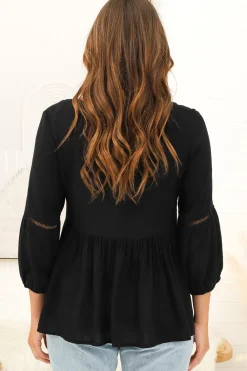 Dido Top - 3/4 Sleeve Smock Top with Lattice Inserts in Black><noscript><img width=