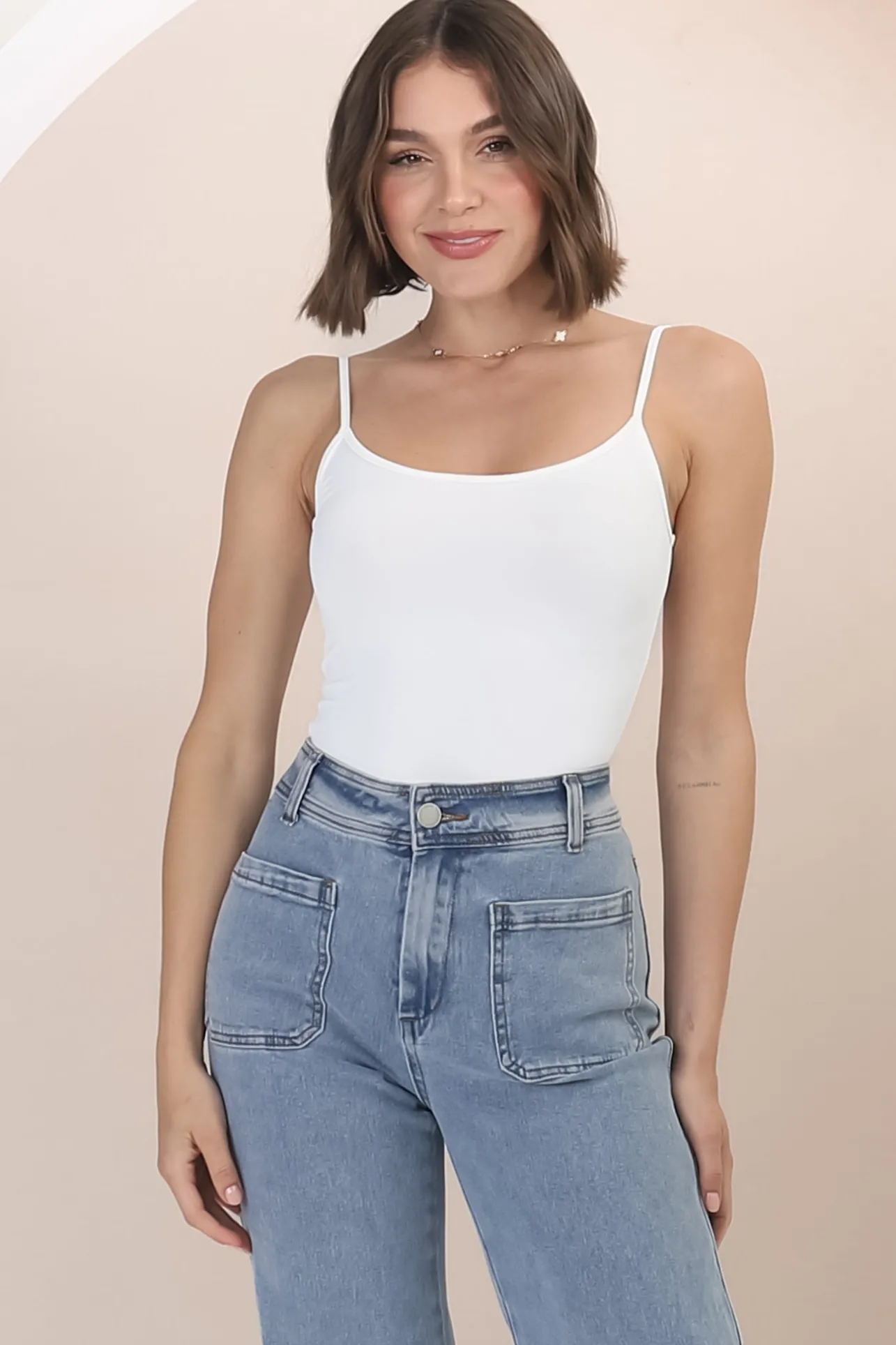 Dila Cami - Scoop Neckline Long Cami with Spaghetti Straps in White>Salty Crush Outlet
