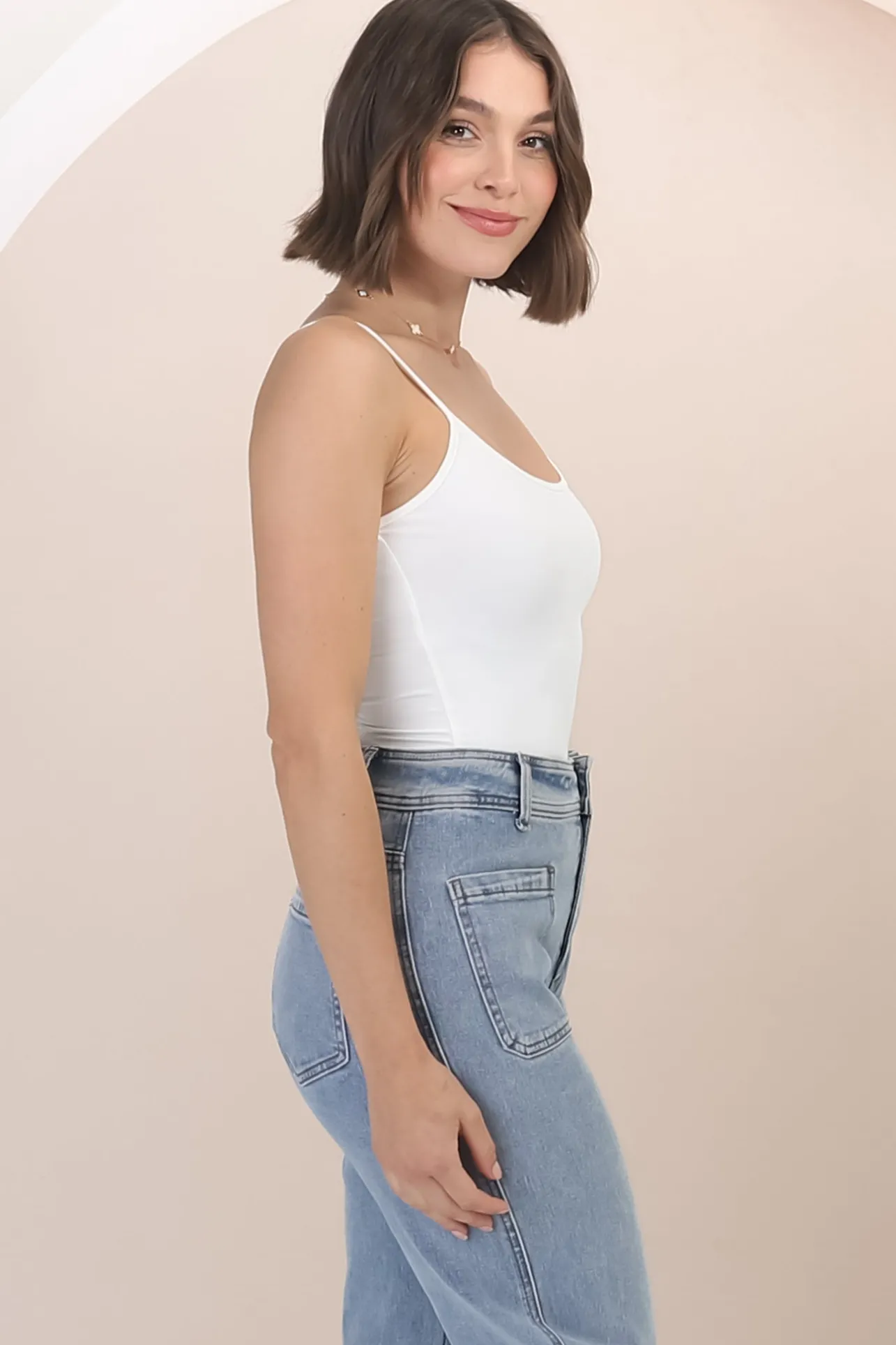 Dila Cami - Scoop Neckline Long Cami with Spaghetti Straps in White>Salty Crush Outlet