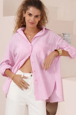 Doran Shirt - Oversized Buttoned Down Stripe Cotton Shirt in Pink>Salty Crush New