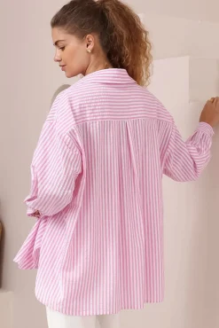 Doran Shirt - Oversized Buttoned Down Stripe Cotton Shirt in Pink><noscript><img width=
