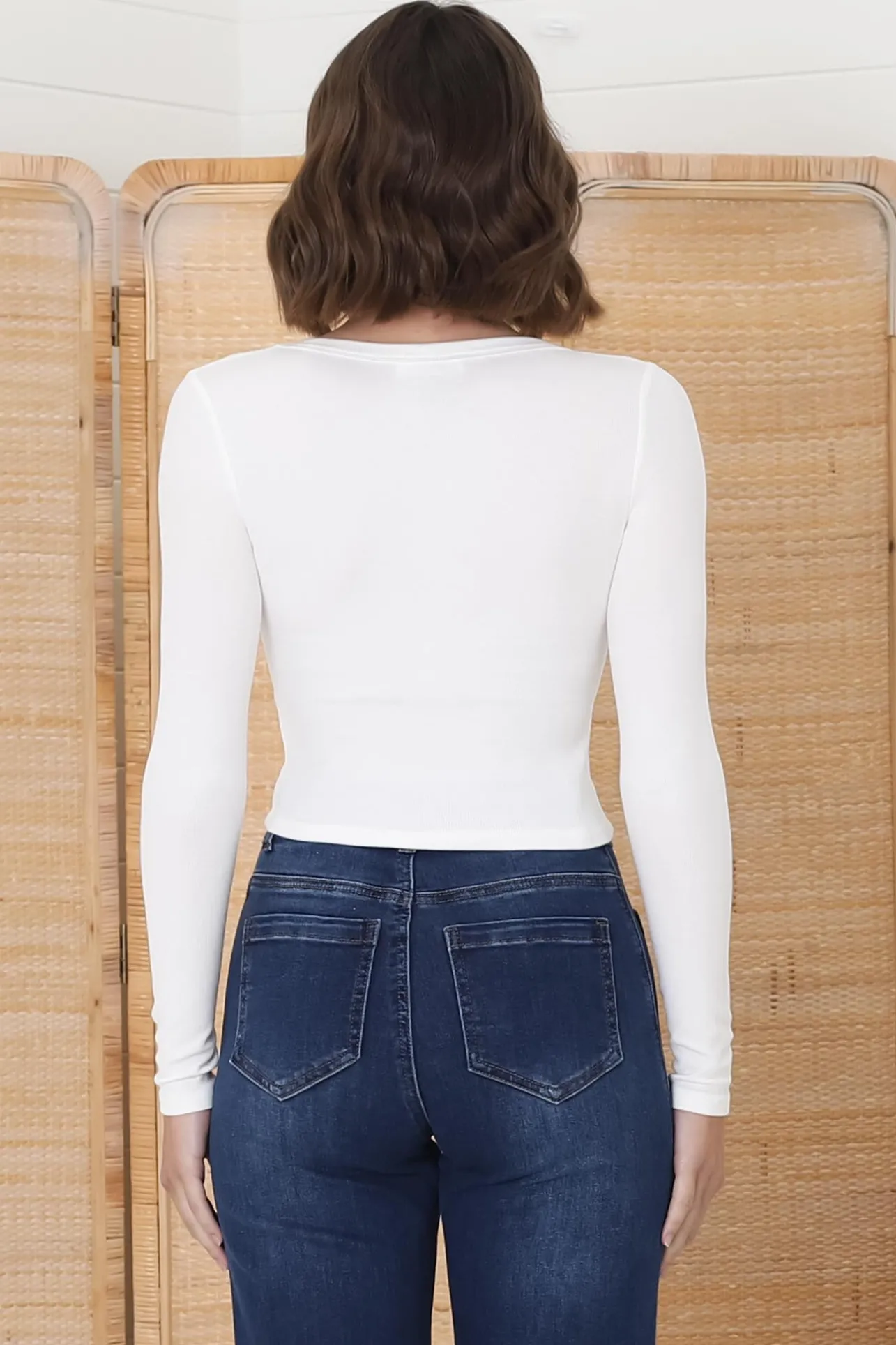 Dorothy Top - Scoop Neck Long Sleeve Ribbed Crop in White>Salty Crush Outlet
