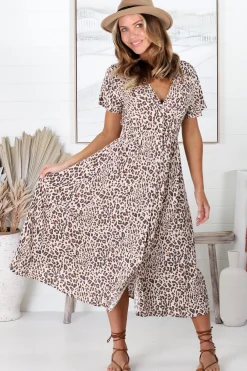 Drielly Midi Dress - Flutter Cap Sleeve Button Down Dress in Perrie Print><noscript><img width=