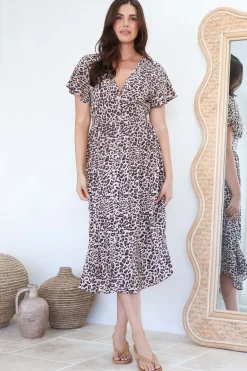 Drielly Midi Dress - Flutter Cap Sleeve Button Down Dress in Perrie Print><noscript><img width=
