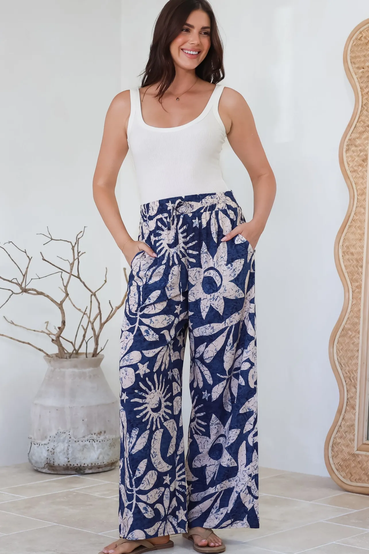 Dudah Pants - High Waisted Wide Leg Pants in Moonshadow Print>Salty Crush New