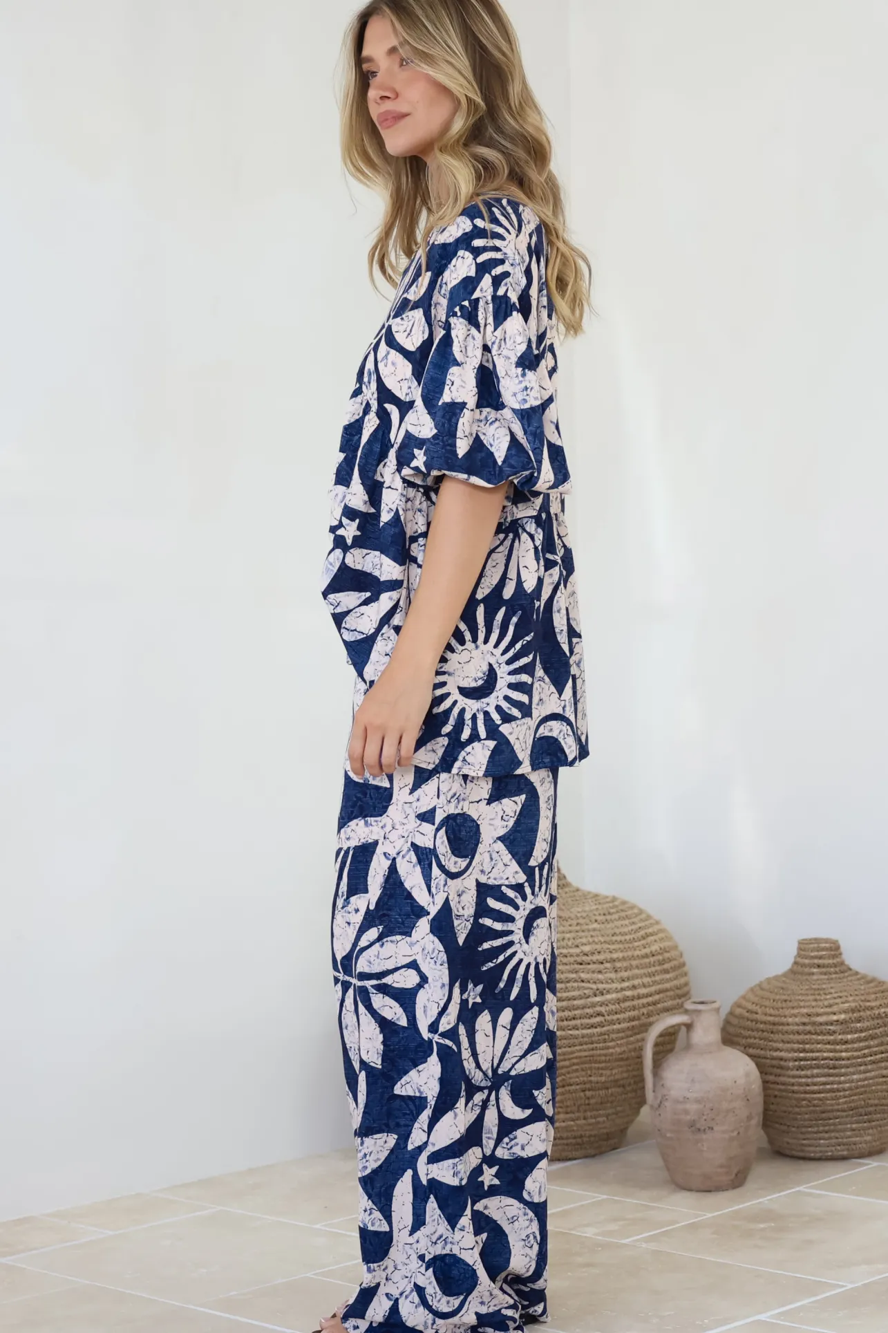 Dudah Pants - High Waisted Wide Leg Pants in Moonshadow Print>Salty Crush New