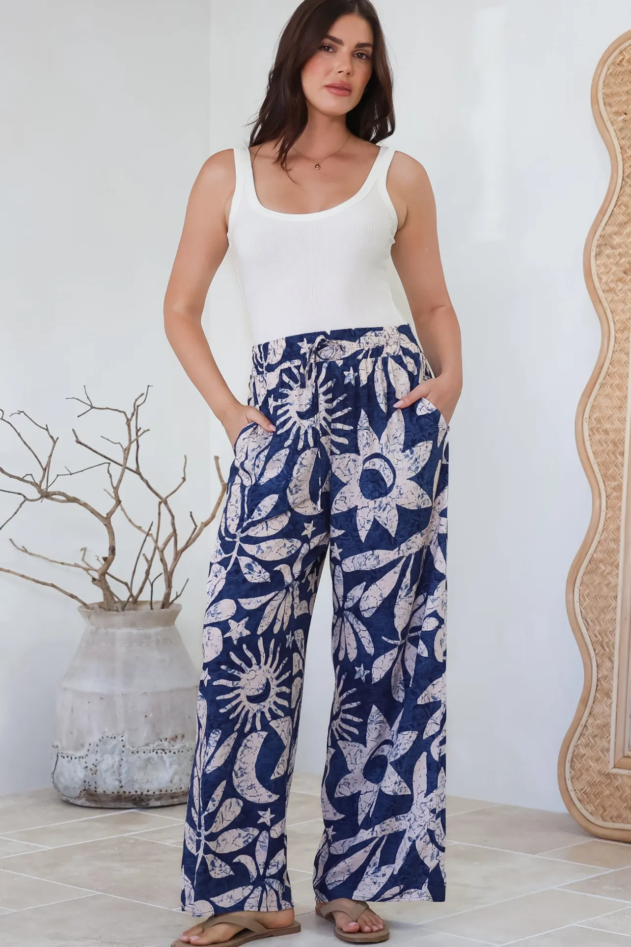 Dudah Pants - High Waisted Wide Leg Pants in Moonshadow Print>Salty Crush New