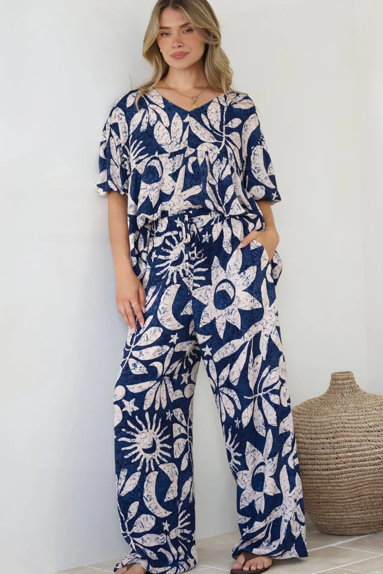 Dudah Pants - High Waisted Wide Leg Pants in Moonshadow Print>Salty Crush New