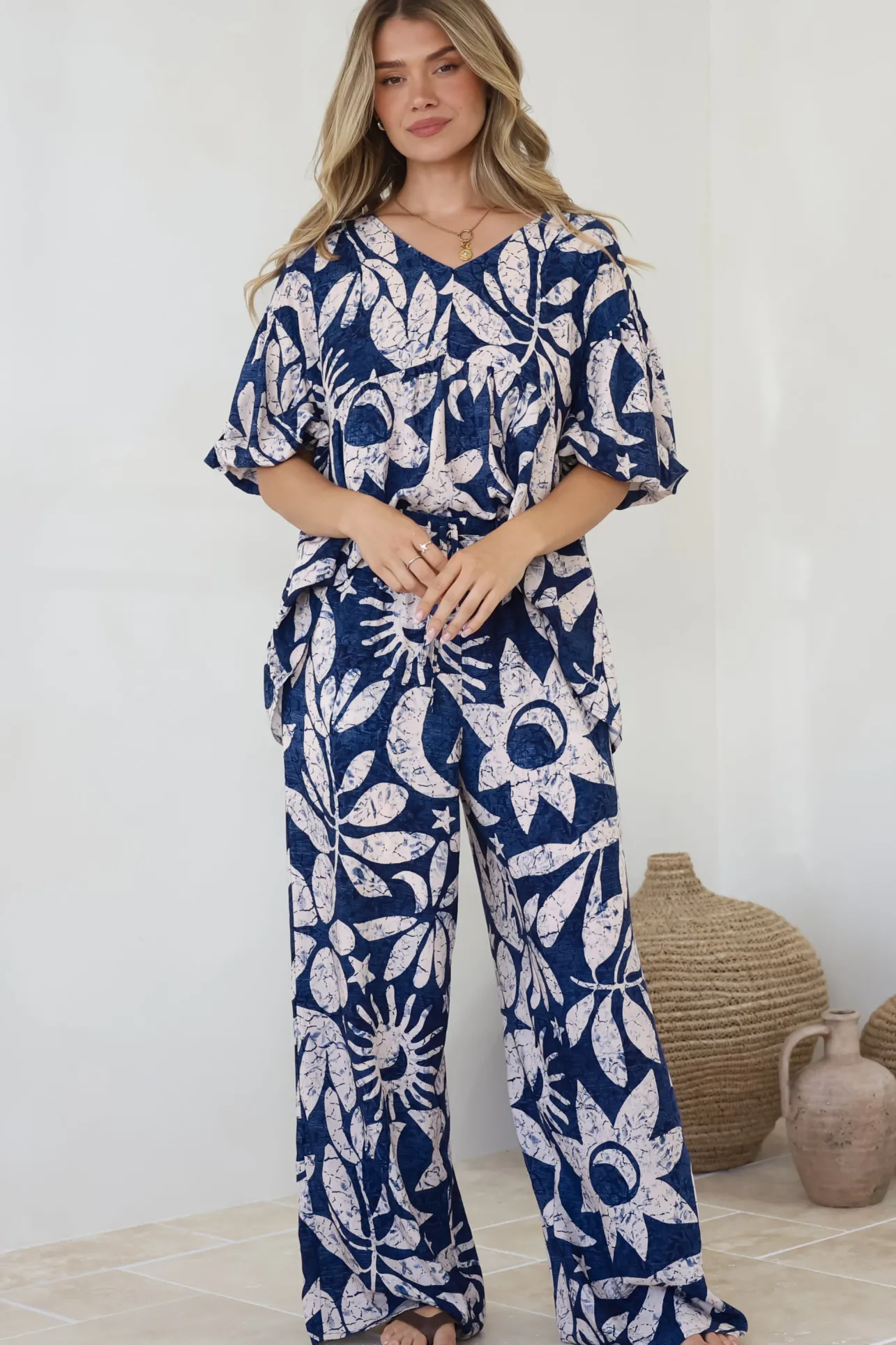 Dudah Pants - High Waisted Wide Leg Pants in Moonshadow Print>Salty Crush New