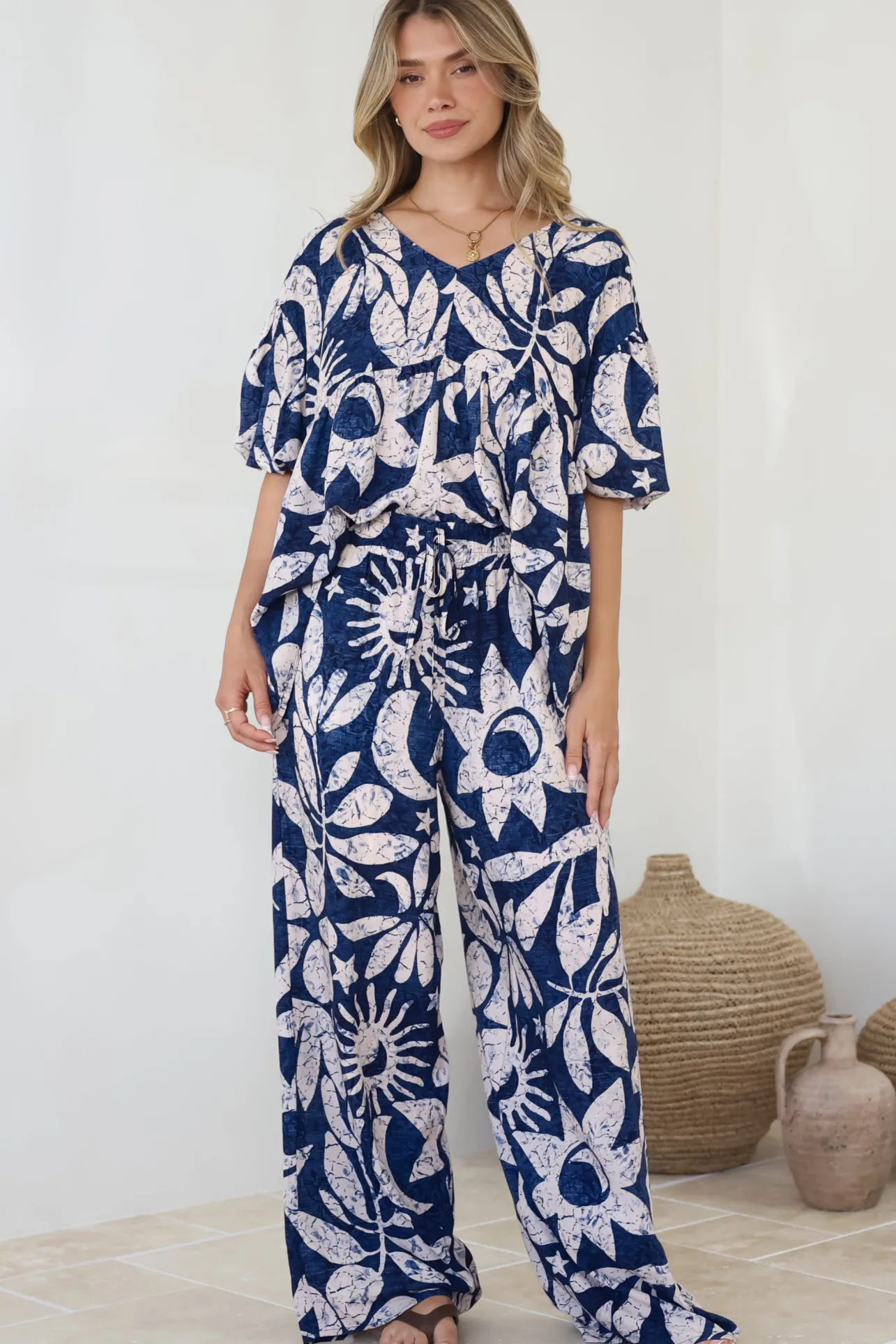 Dudah Pants - High Waisted Wide Leg Pants in Moonshadow Print>Salty Crush New