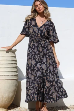 Dulcie Maxi Dress - Cape Sleeve Button-Down Maxi with Pockets in Enchanted Ink Print>Salty Crush Sale