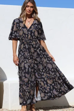 Dulcie Maxi Dress - Cape Sleeve Button-Down Maxi with Pockets in Enchanted Ink Print><noscript><img width=