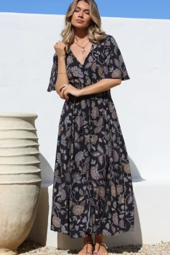 Dulcie Maxi Dress - Cape Sleeve Button-Down Maxi with Pockets in Enchanted Ink Print><noscript><img width=