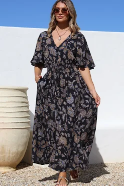 Dulcie Maxi Dress - Cape Sleeve Button-Down Maxi with Pockets in Enchanted Ink Print><noscript><img width=