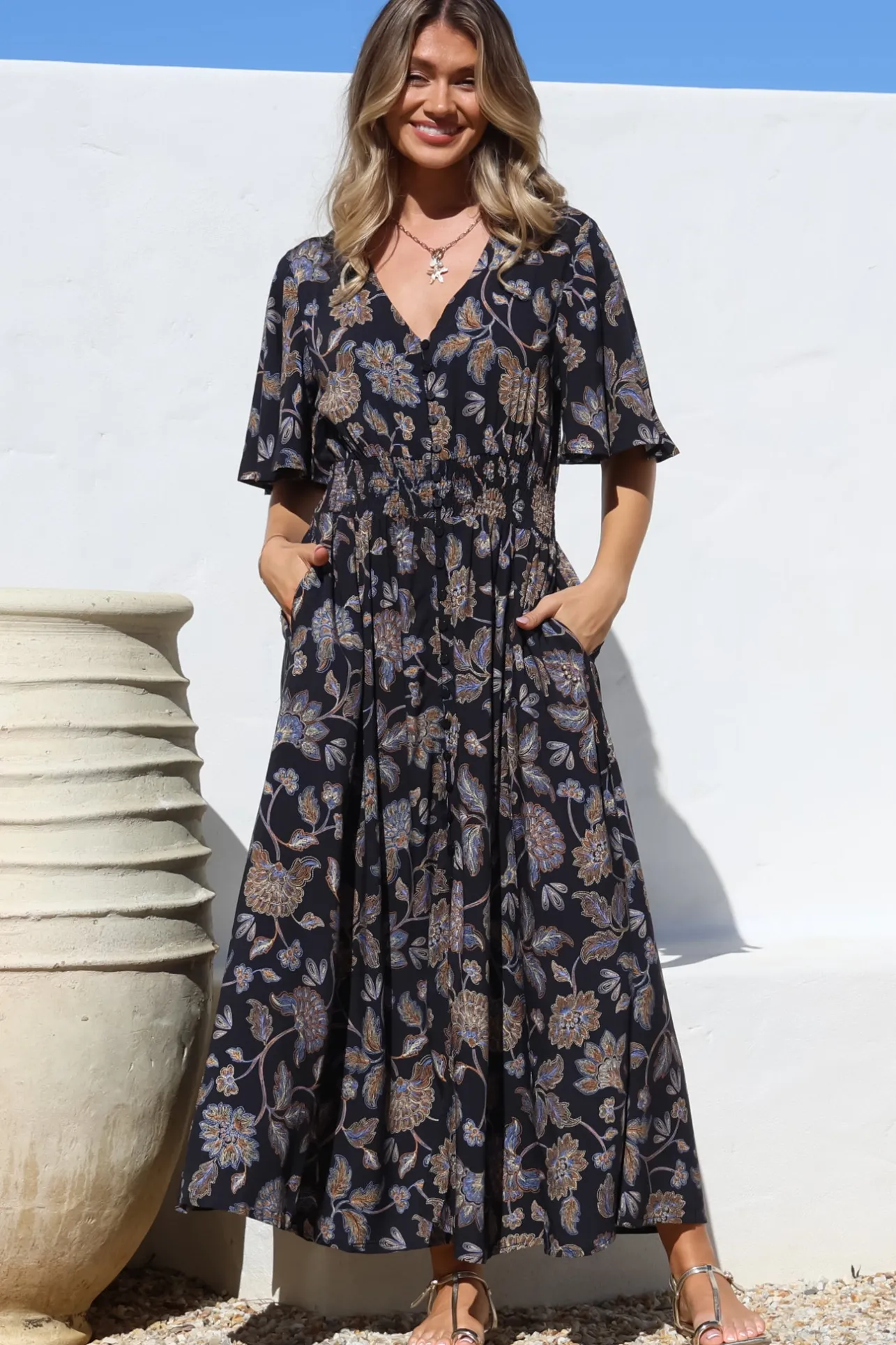 Dulcie Maxi Dress - Cape Sleeve Button-Down Maxi with Pockets in Enchanted Ink Print>Salty Crush Sale