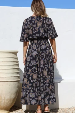 Dulcie Maxi Dress - Cape Sleeve Button-Down Maxi with Pockets in Enchanted Ink Print><noscript><img width=