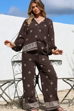 Dune Pants - Elasticated Drawstring High Waisted Pants with Embroidery in Vesper Print Brown>Salty Crush