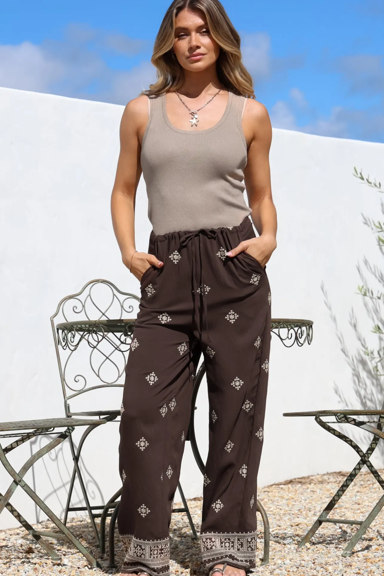 Dune Pants - Elasticated Drawstring High Waisted Pants with Embroidery in Vesper Print Brown>Salty Crush