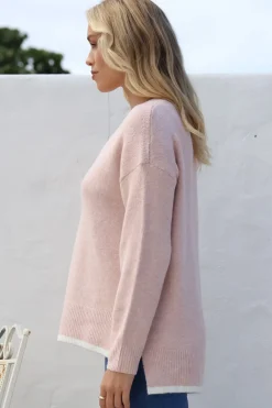 Edan Jumper - V-Neck Contrast Trim Step Hem Jumper in Blush><noscript><img width=