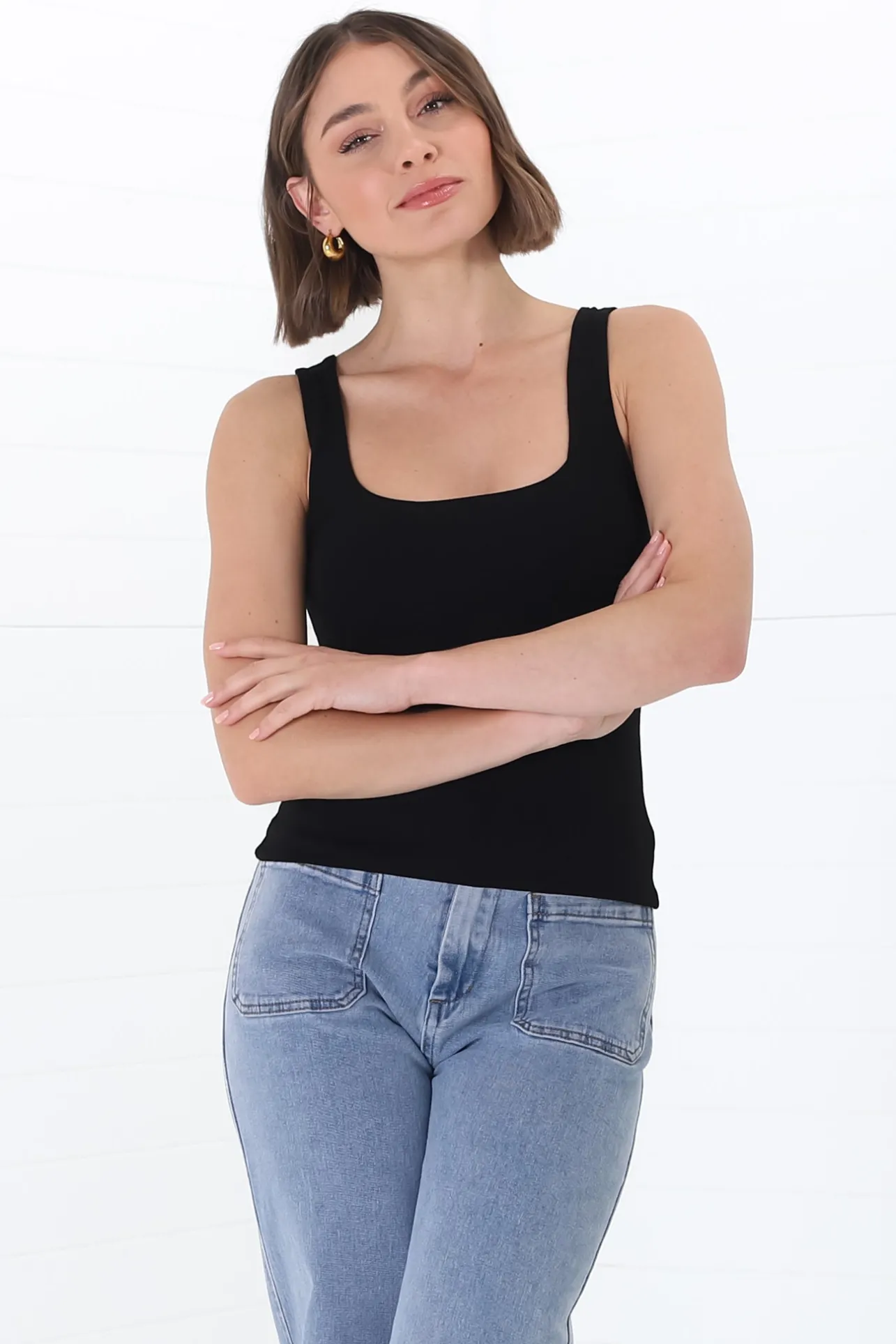 Edie Singlet - Square Neckline Double Layered Singlet in Black>Salty Crush