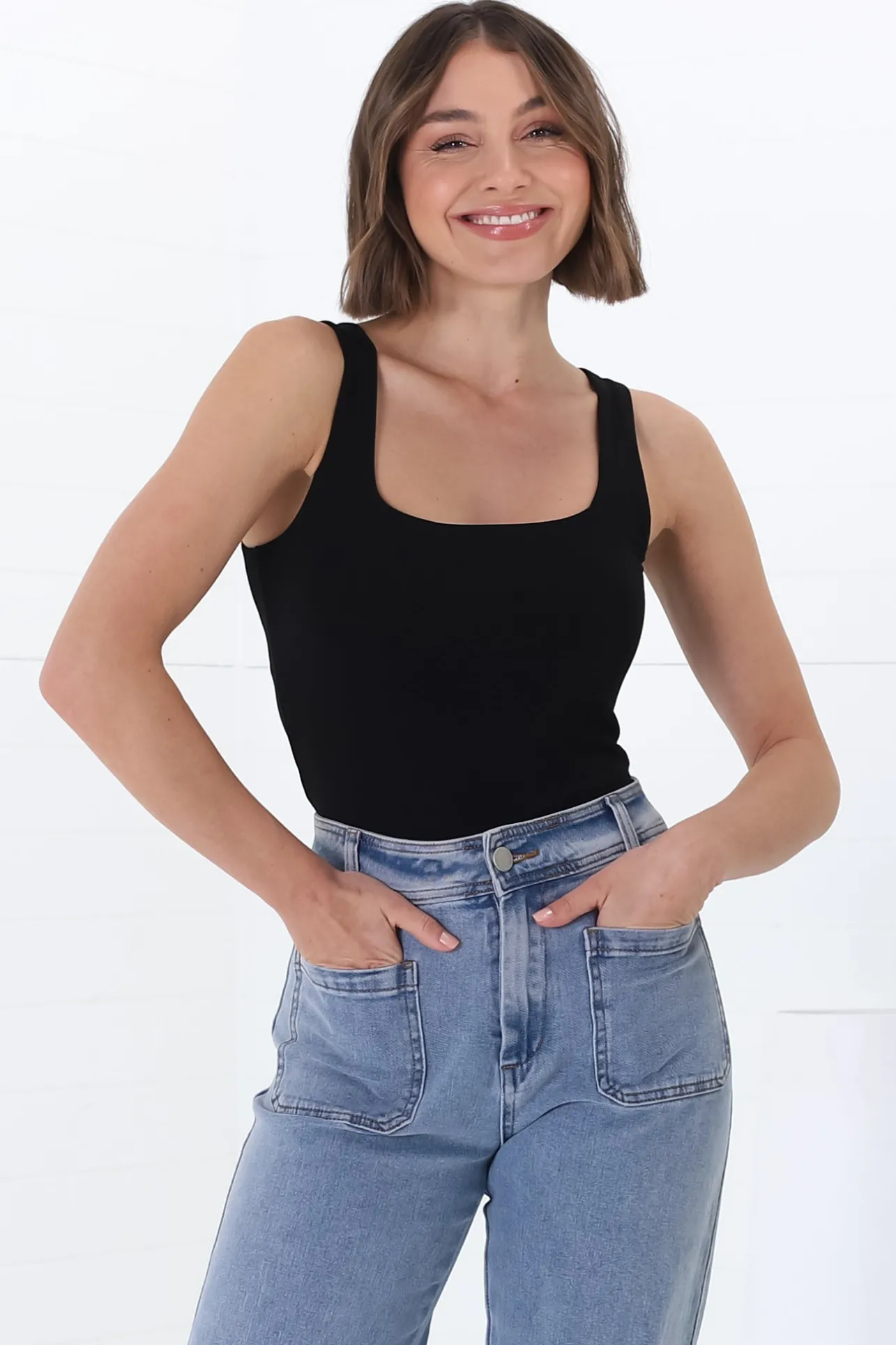 Edie Singlet - Square Neckline Double Layered Singlet in Black>Salty Crush