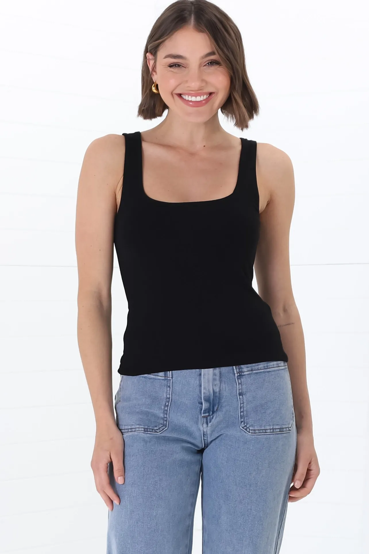 Edie Singlet - Square Neckline Double Layered Singlet in Black>Salty Crush