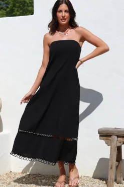 Edna Maxi Dress - Strapless A-Line Dress with Lace Insert and Trim in Black>Salty Crush Online