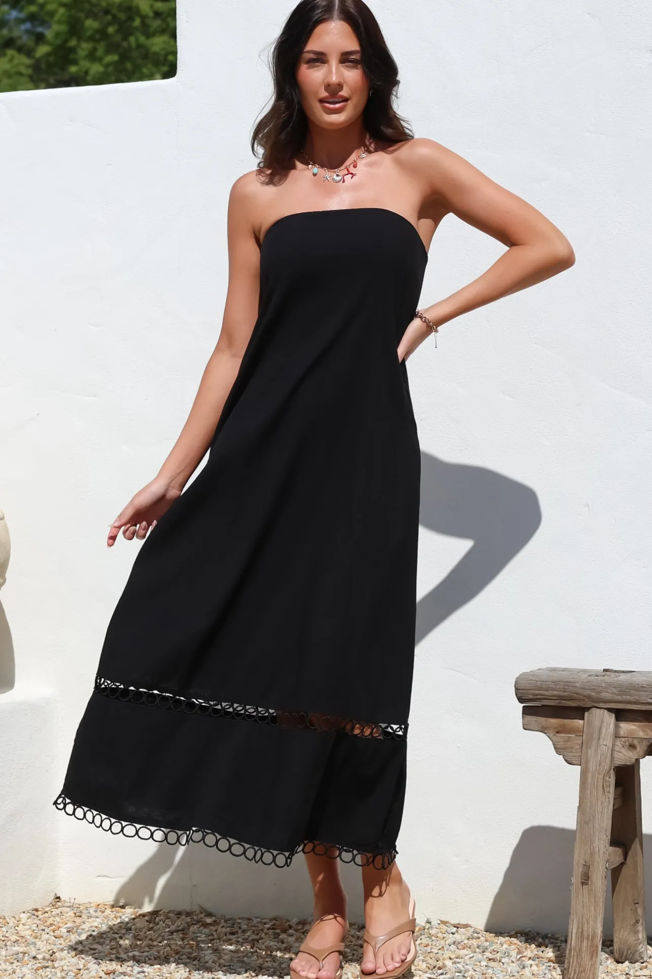 Edna Maxi Dress - Strapless A-Line Dress with Lace Insert and Trim in Black>Salty Crush Online