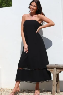 Edna Maxi Dress - Strapless A-Line Dress with Lace Insert and Trim in Black><noscript><img width=