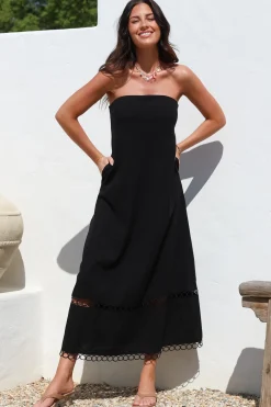 Edna Maxi Dress - Strapless A-Line Dress with Lace Insert and Trim in Black><noscript><img width=