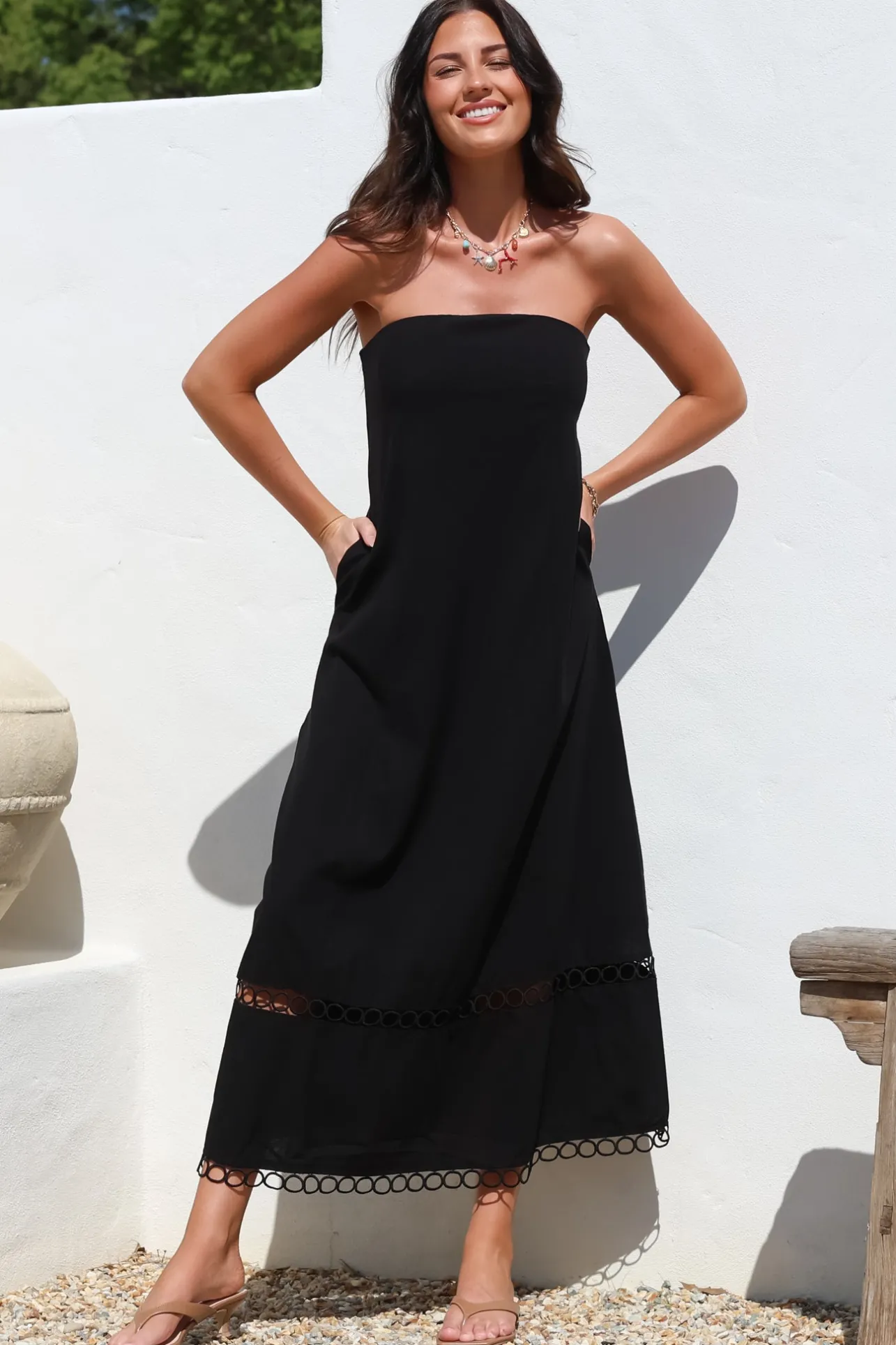 Edna Maxi Dress - Strapless A-Line Dress with Lace Insert and Trim in Black>Salty Crush Online