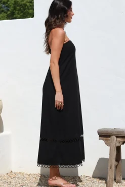 Edna Maxi Dress - Strapless A-Line Dress with Lace Insert and Trim in Black><noscript><img width=