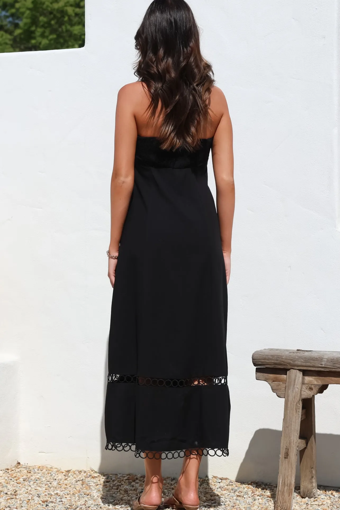 Edna Maxi Dress - Strapless A-Line Dress with Lace Insert and Trim in Black>Salty Crush Online