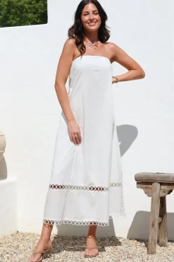Edna Maxi Dress - Strapless A-Line Dress with Lace Insert and Trim in Cream>Salty Crush